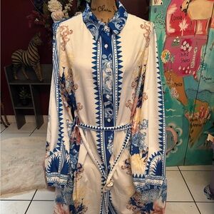 Blue and White Patterned Long Dress